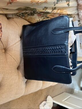 Brighton Navy Leather Tote with Woven Accent